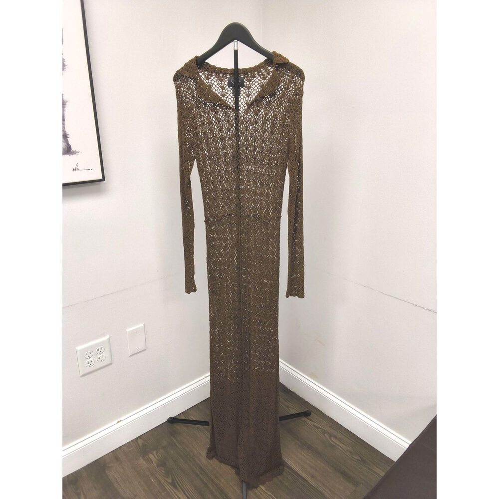 Vtg Cynthia Steffe Brown Crochet Floor-Length Long Sleeve Collared Dress Size M